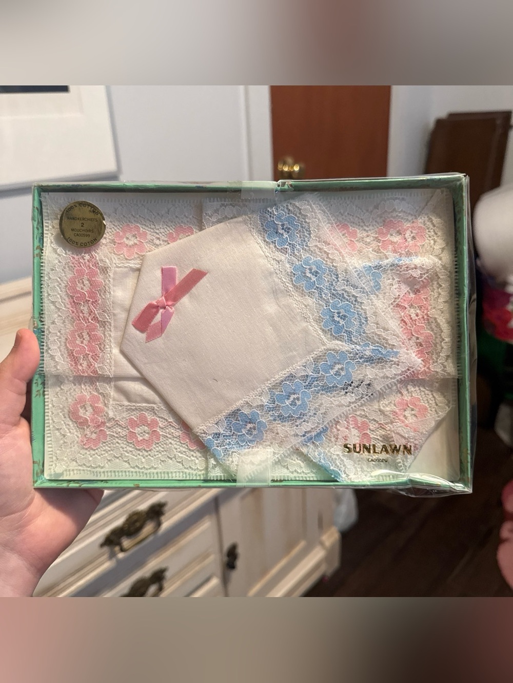 Sunlawn Lace Trim Handkerchief Set - Pink & Blue Floral new in package Japan